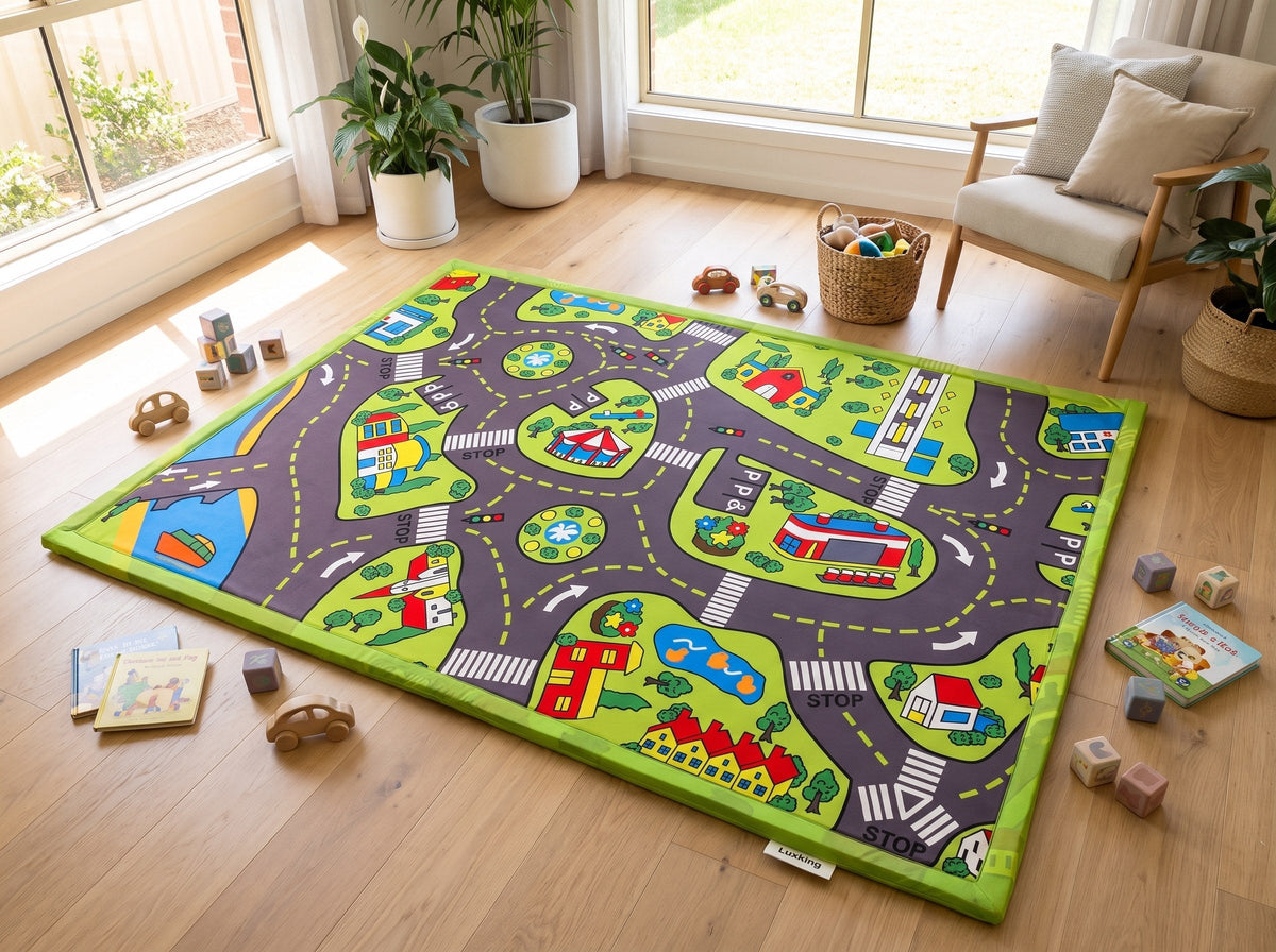 A colorful children's play mat with a road-map design is spread out on a light wood floor in a bright room. The mat features green roads, dark gray streets, houses, trees, and vehicles, surrounded by toys, books, and a chair.