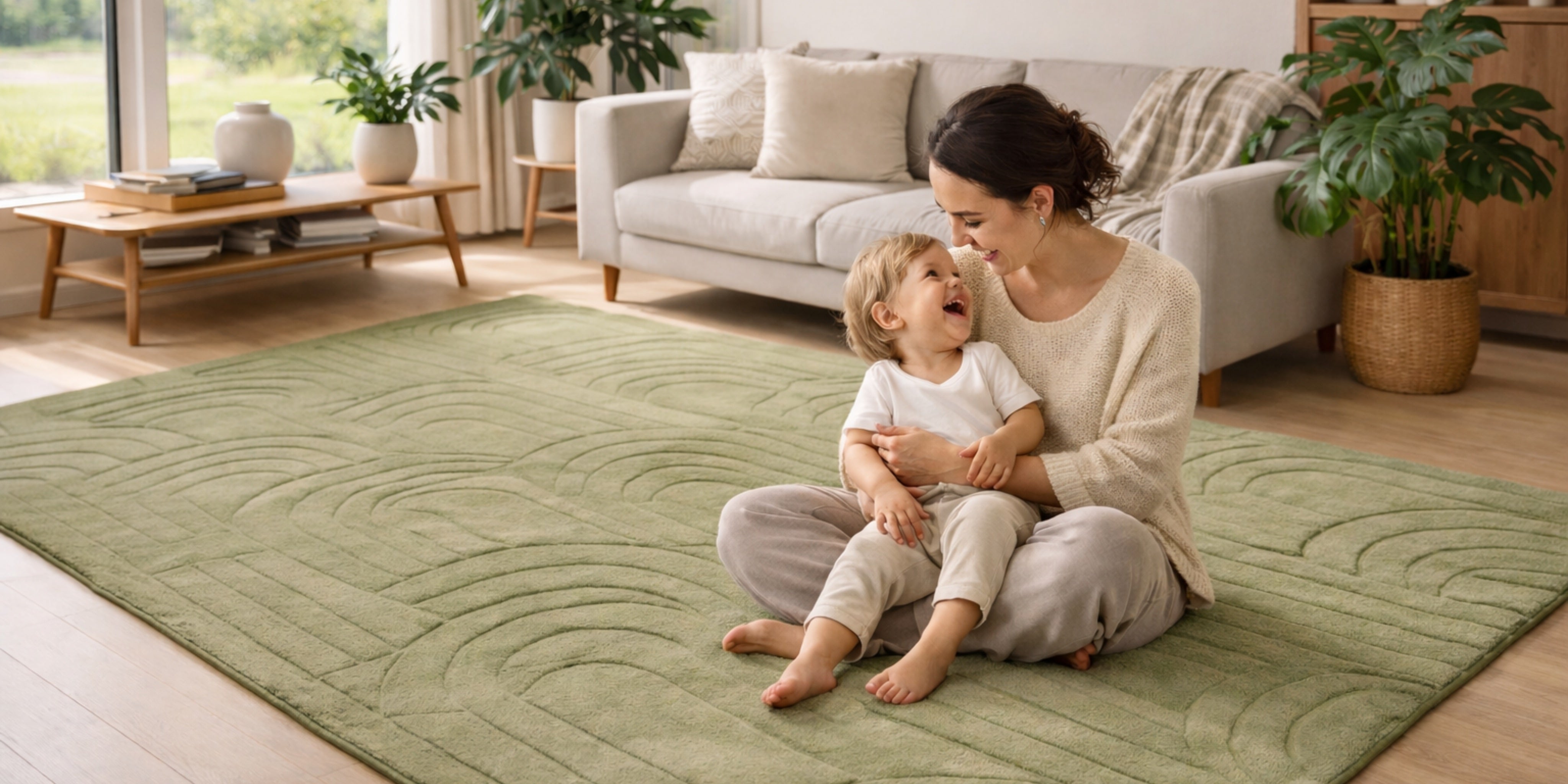 Woman and child sitting on a green rug in a living room with plants and furniture.