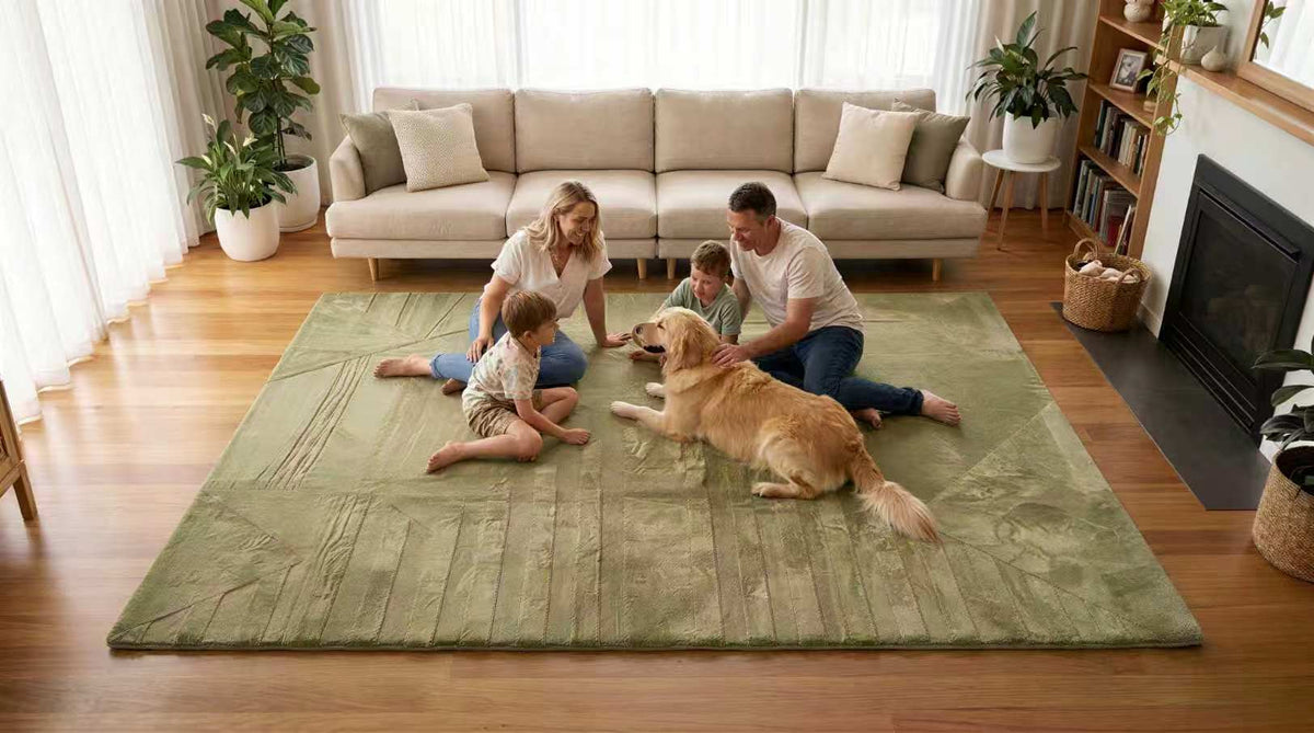 A large olive green area rug with a wood-plank texture design is shown in a bright, modern living room. A family of four and their golden retriever dog are sitting and lying on the rug, demonstrating its scale and comfort.