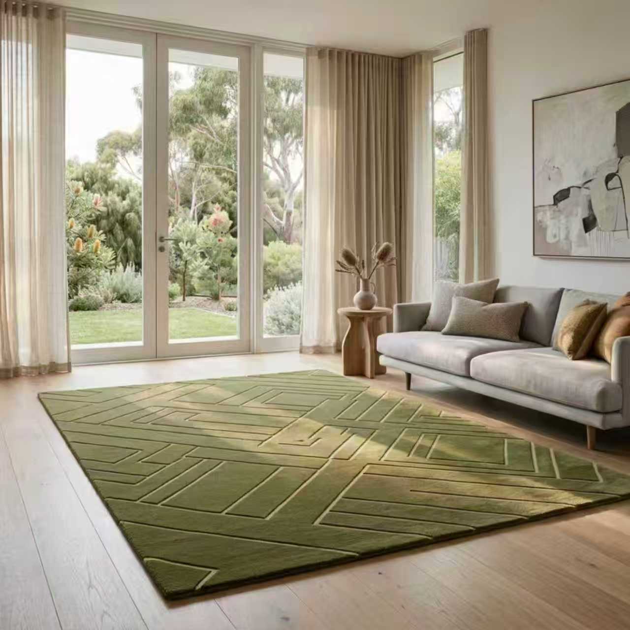 Living room with a green geometric rug, gray sofa, and large windows.