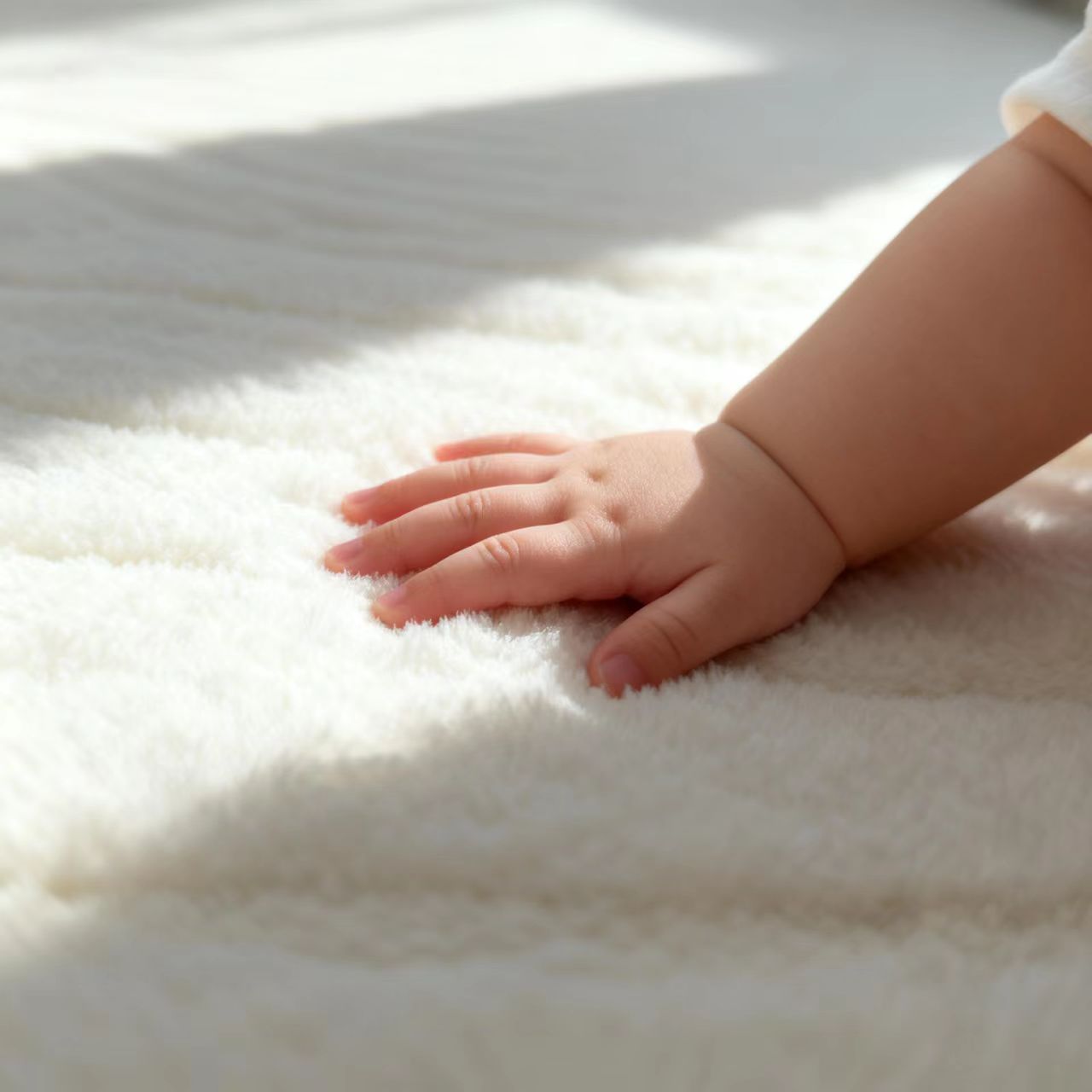 Child's hand on a soft, white surface