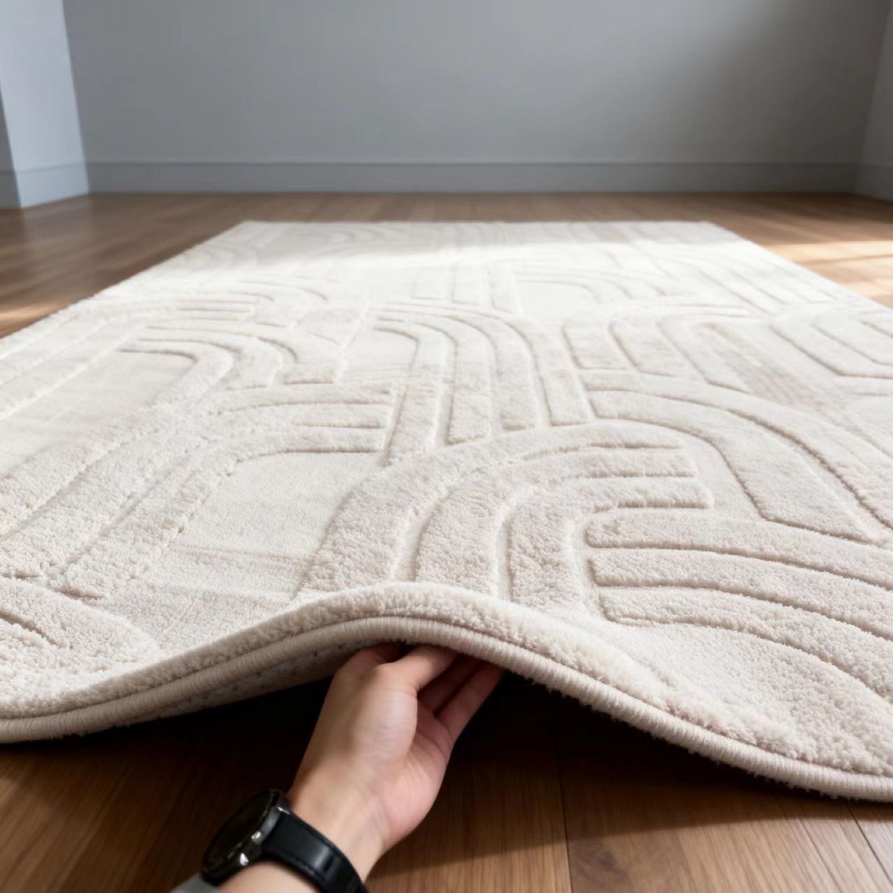 Beige textured rug being held by a hand on a wooden floor