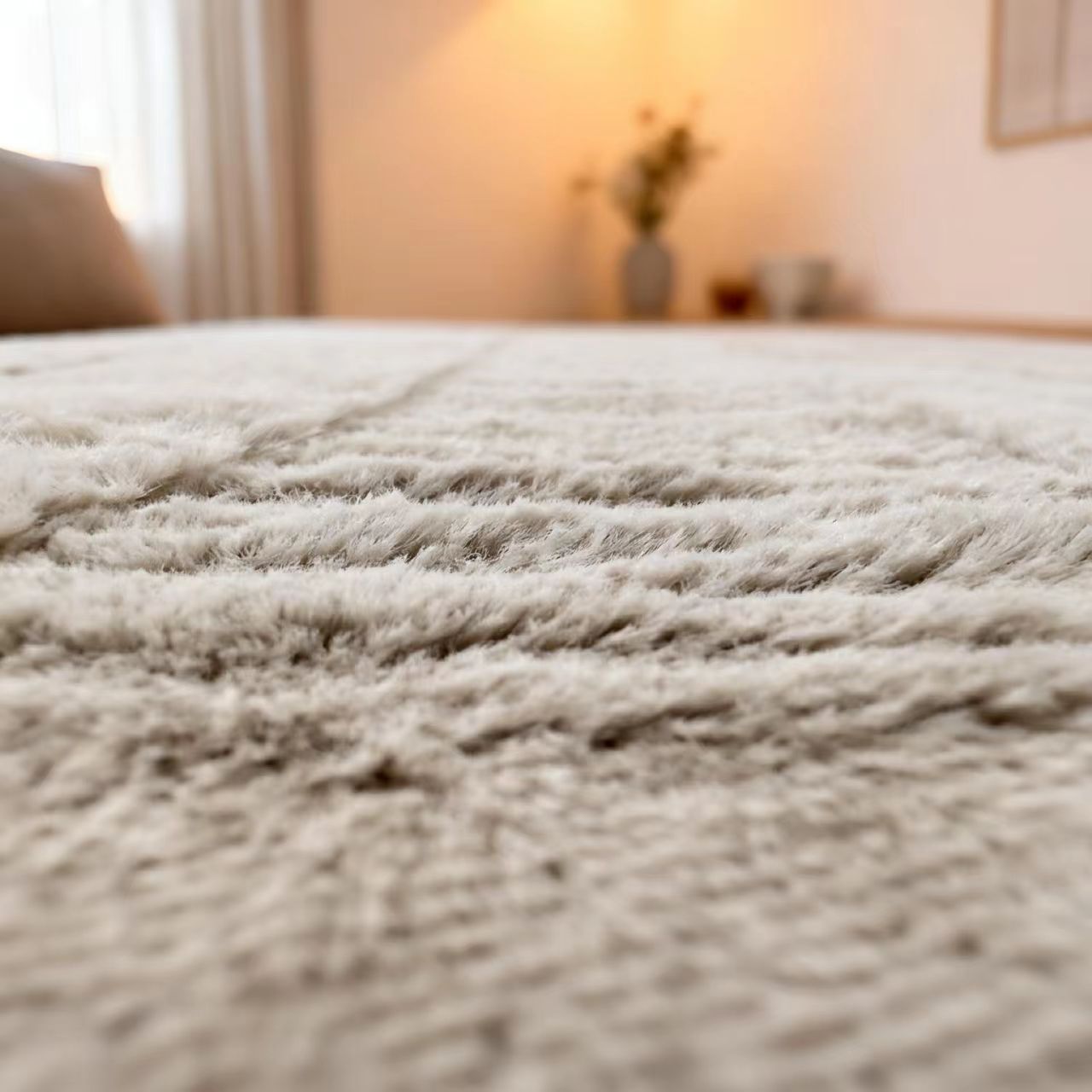 Close-up of a textured gray rug in a room with soft lighting.