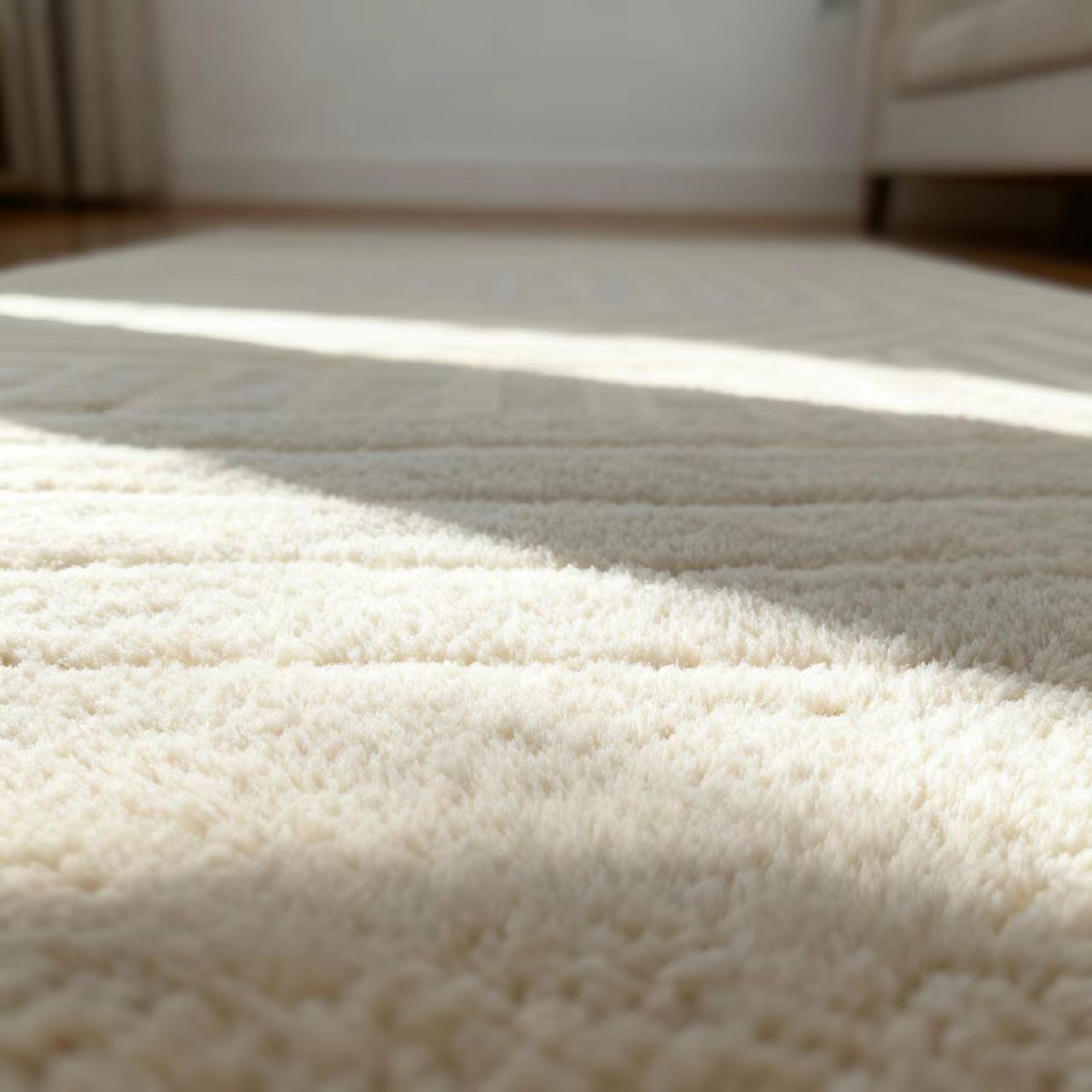 Close-up of a textured white mattress surface with sunlight casting shadows.