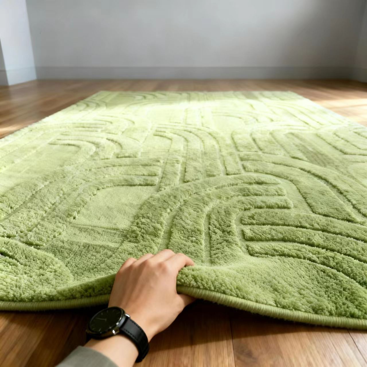 Green textured rug being held by a hand on a wooden floor