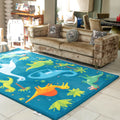 Children's dinosaur rug in a living room with a brown sofa.