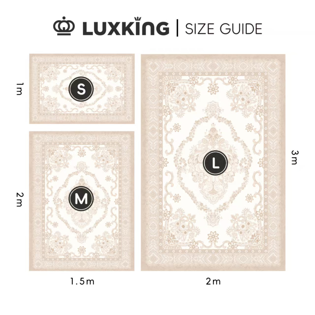 Luxking size guide for decorative rugs with measurements and labels.