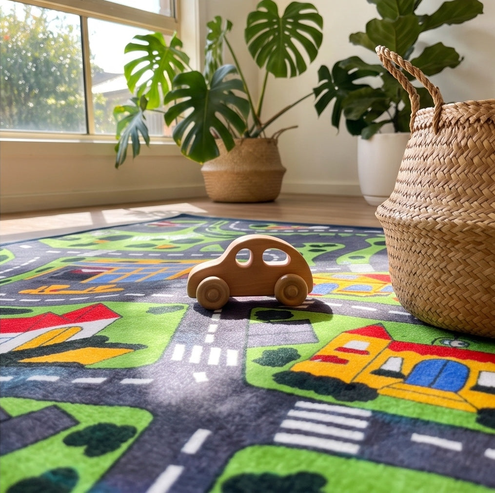 A children's play rug with a colorful road and school town theme, shown in a bright room with plants and wood flooring. The collage includes close-up detail panels of the rug's texture and corner.