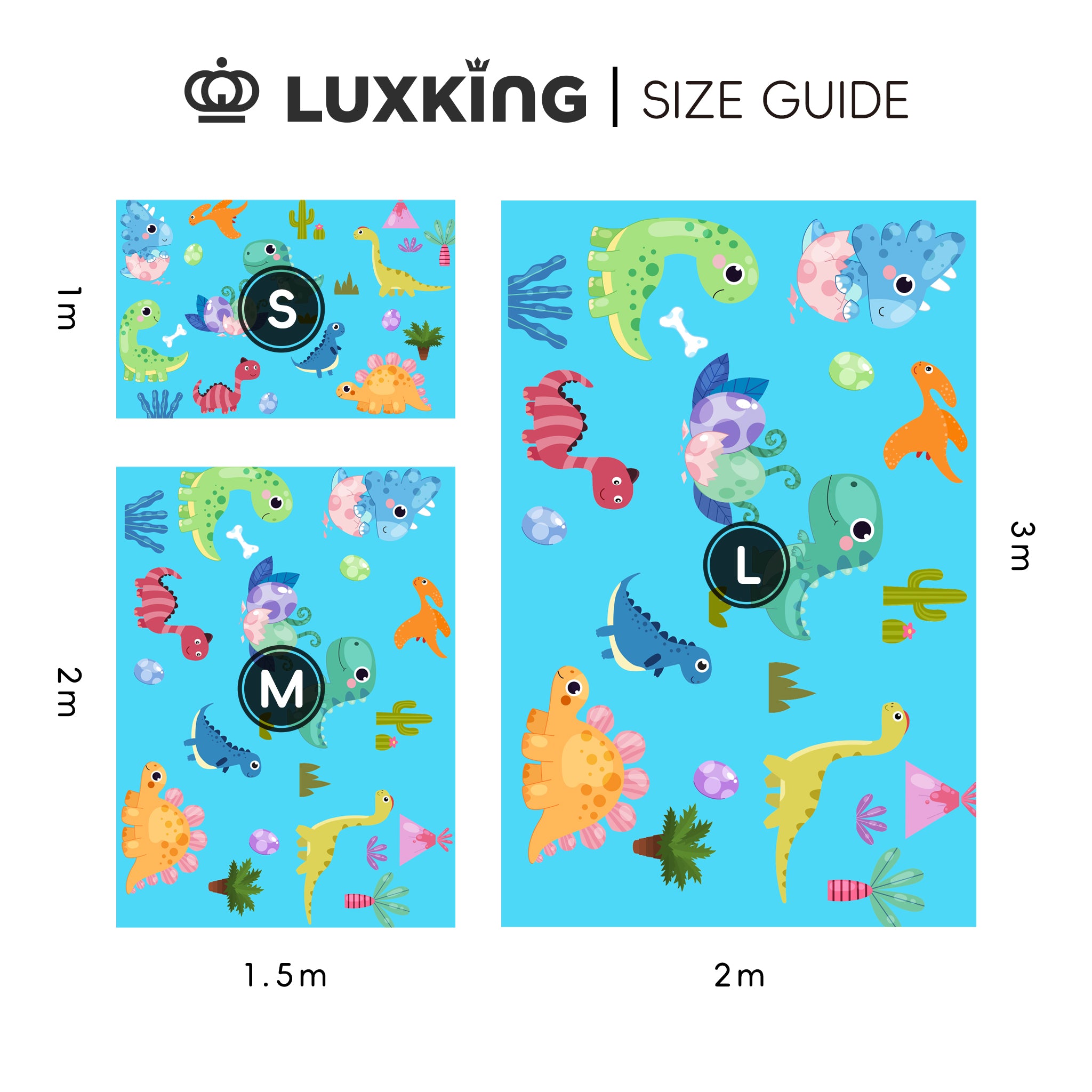 Luxking size guide with dinosaur-themed stickers on a blue background
