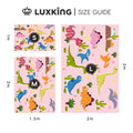 Luxking size guide for dinosaur-themed rugs on a pink background