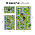 Luxking size guide for a children's play mat with different sizes labeled S, M, and L.