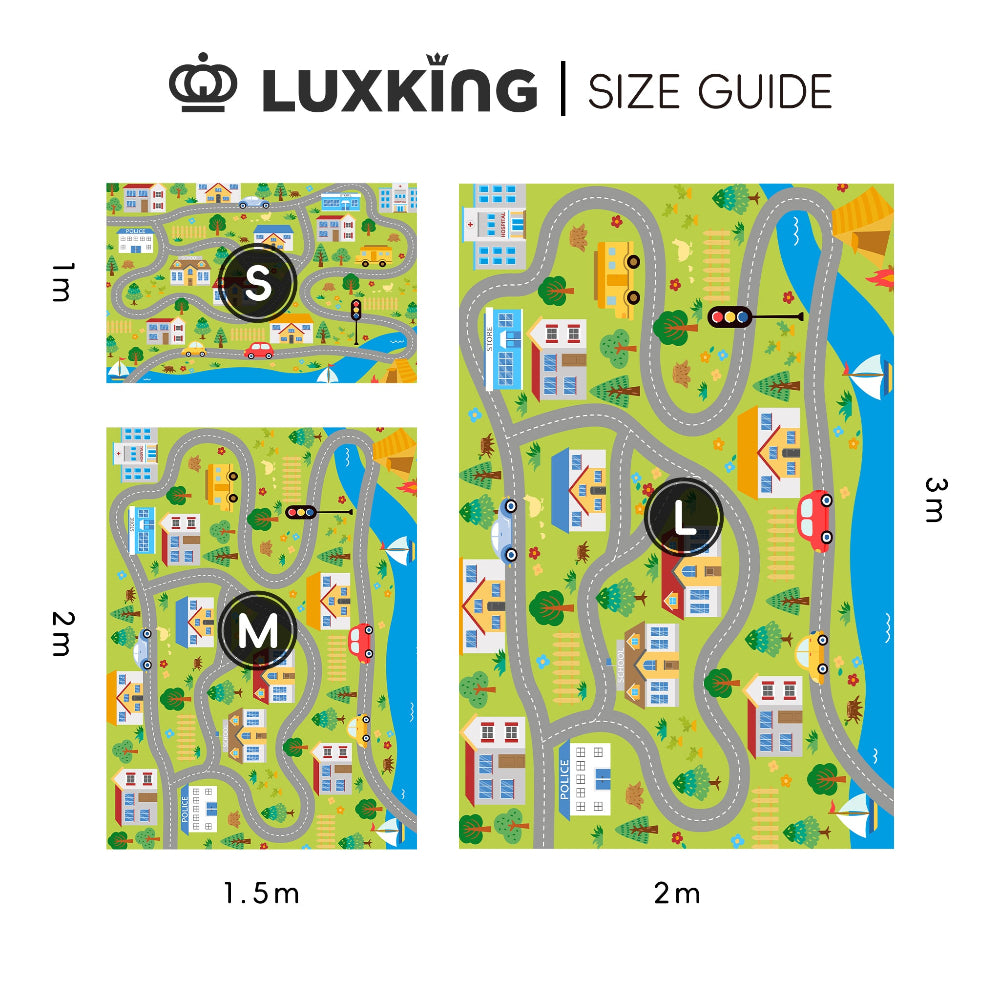 Luxking size guide for children's play mats with different dimensions.