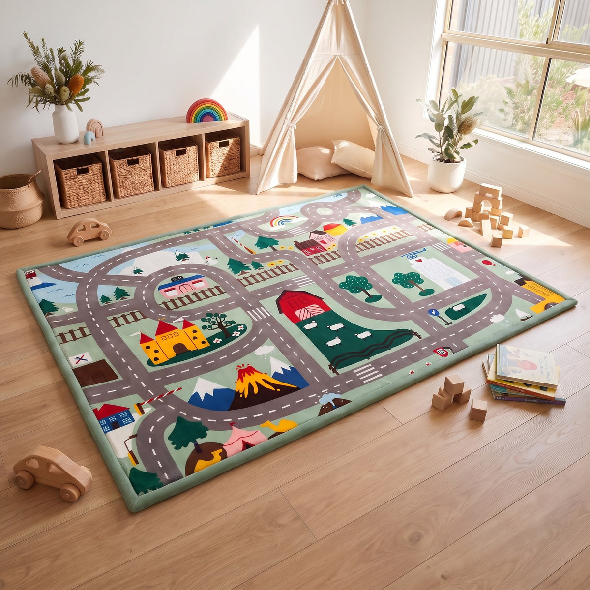 A children's play rug with a colorful road and school town theme, shown in a bright room with plants and wood flooring. The collage includes close-up detail panels of the rug's texture and corner.