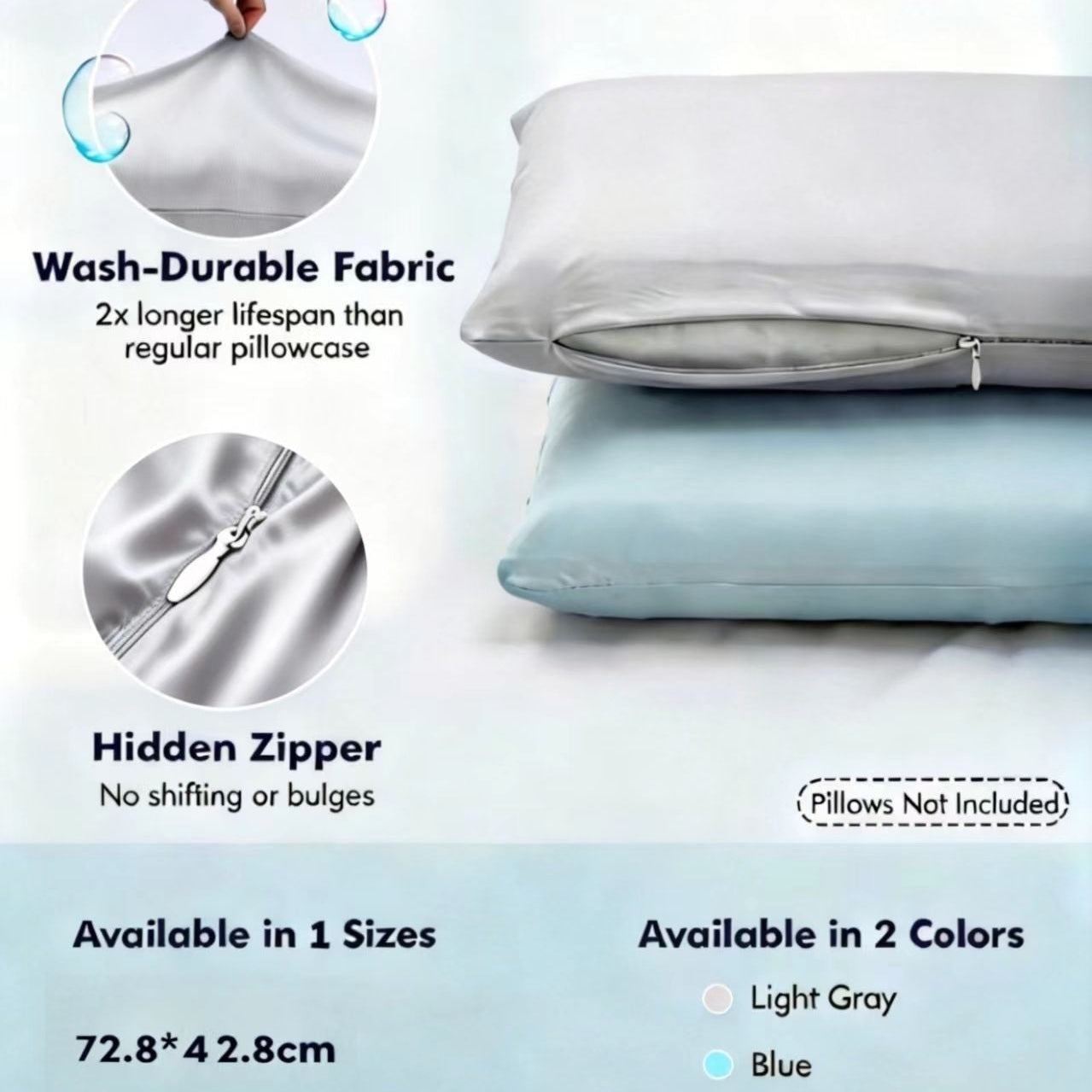 Product advertisement for wash-durable fabric pillowcases with visible features and color options.