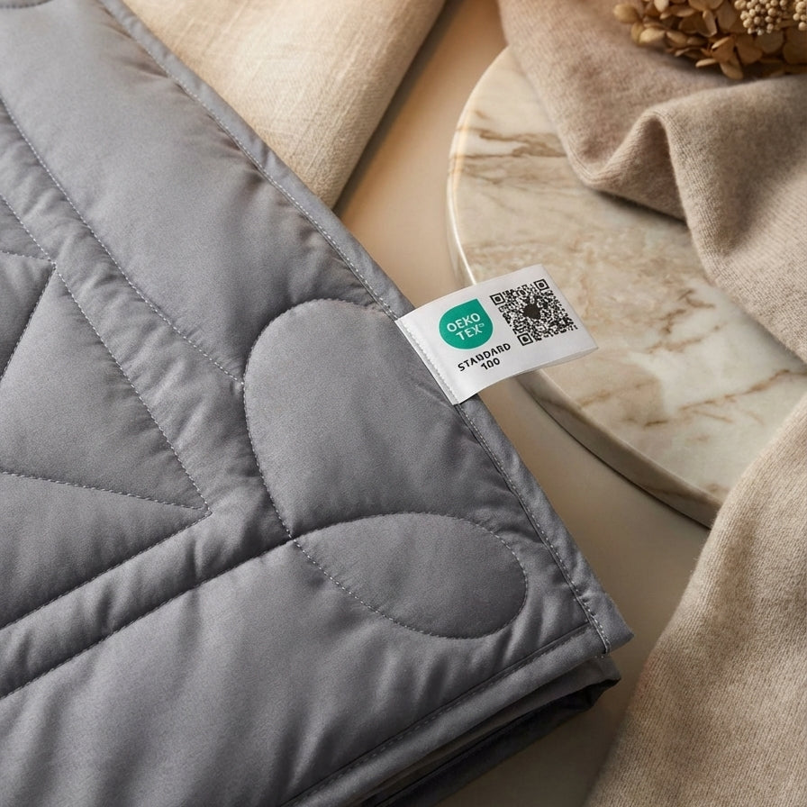 Gray quilted blanket with a label on a neutral background