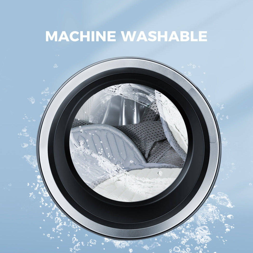 Washing machine drum with text 'Machine Washable' and icons indicating properties.