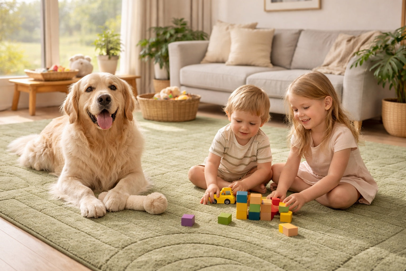 Children playing with building blocks on a green rug in a living room with a dog sitting nearby.