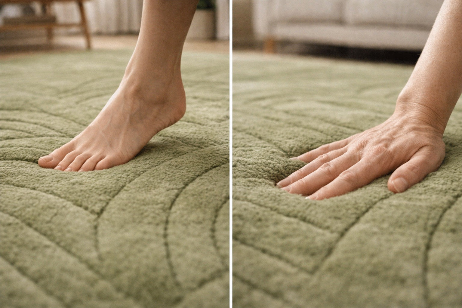 Green textured rug with a foot and hand on it, showing comfort and softness.