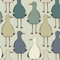 Pattern of stylized birds in various colors on a beige background