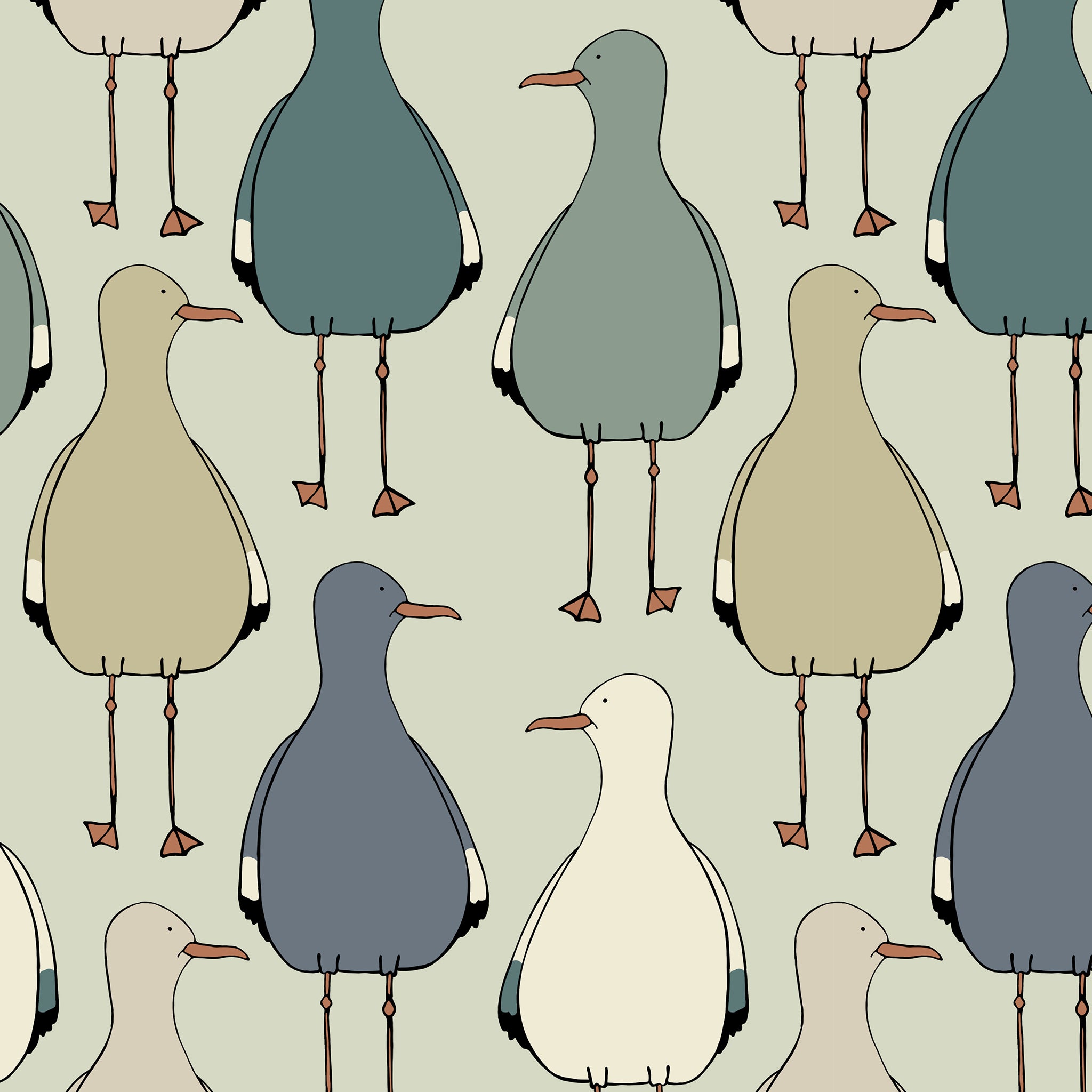 Pattern of stylized birds in various colors on a beige background