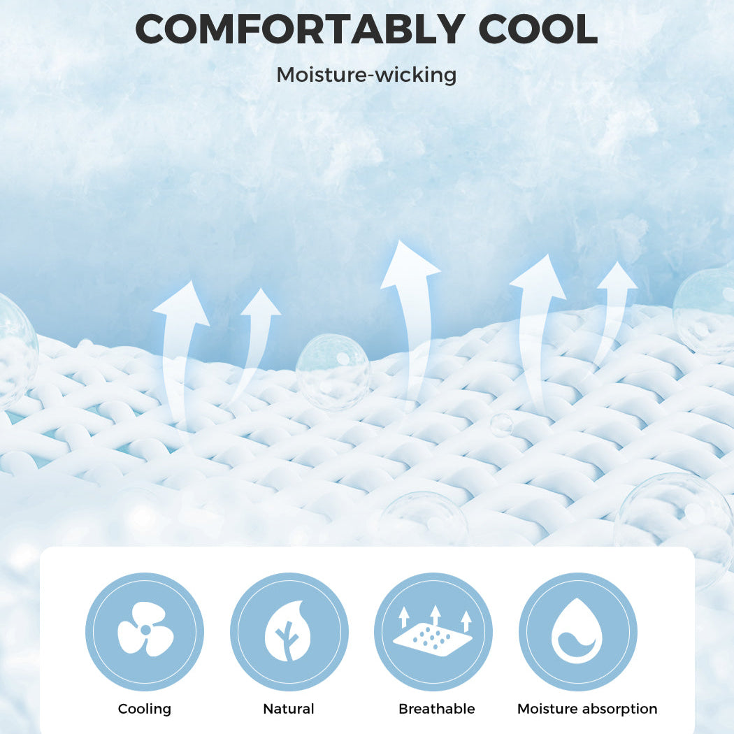 Textured fabric with moisture-wicking properties and icons indicating cooling, natural, breathable, and moisture absorption.