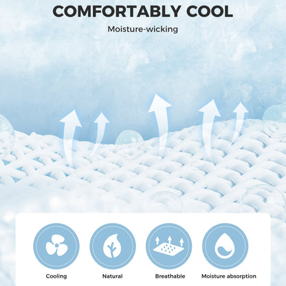 Textured fabric with moisture-wicking properties and icons indicating cooling, natural, breathable, and moisture absorption.