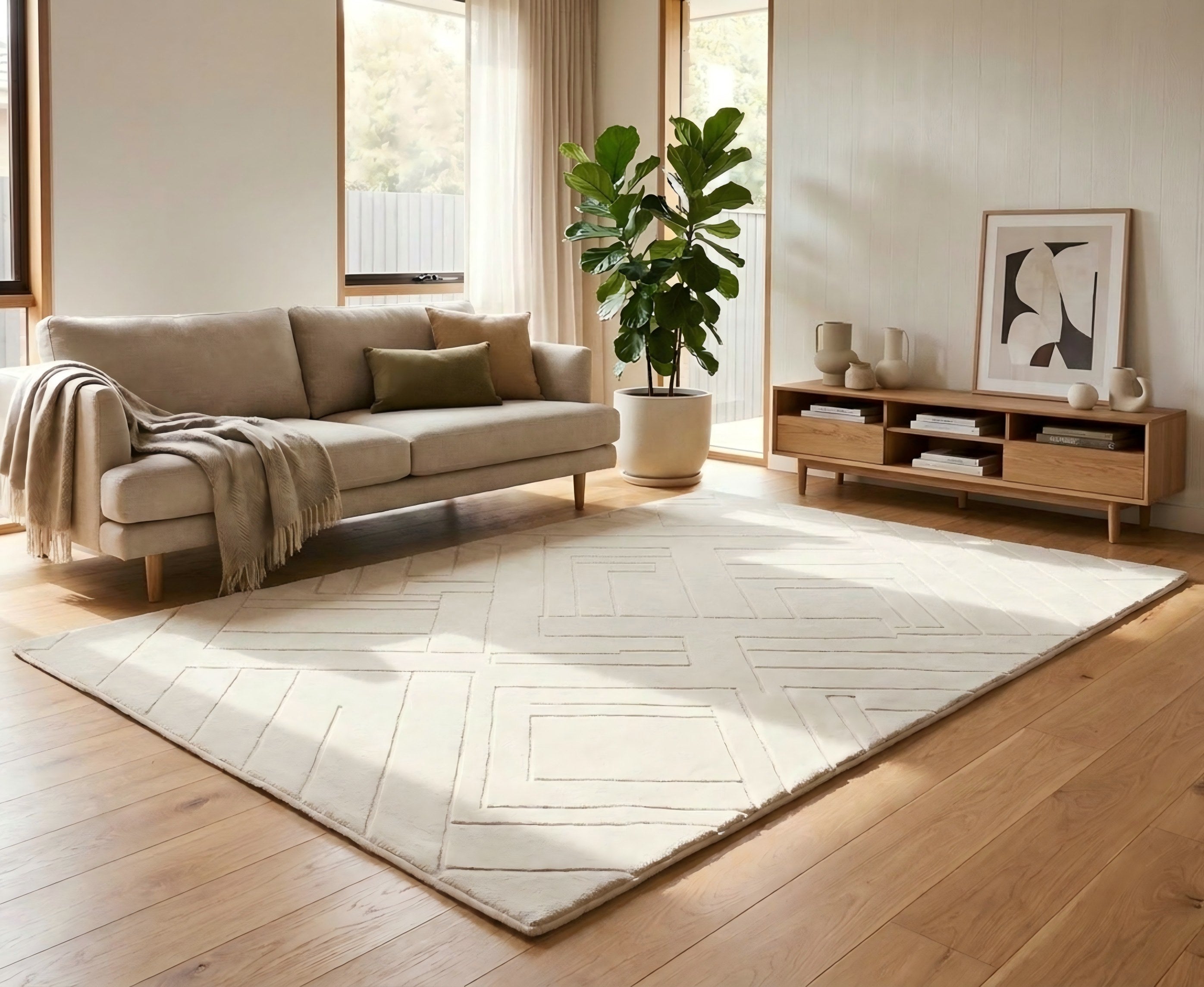 Modern living room with a beige sofa, rug, and wooden sideboard.
