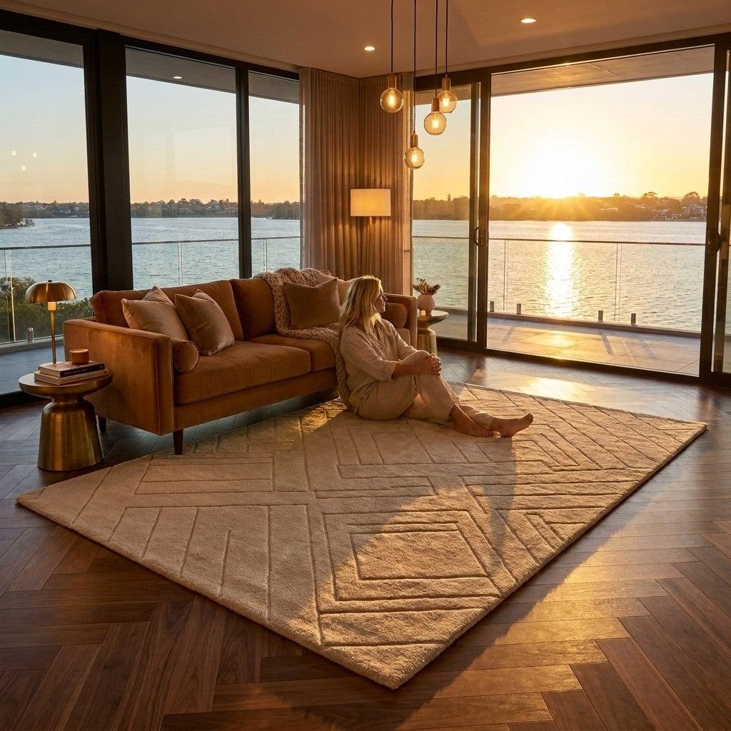 Woman sitting on a large beige rug in a modern living room with a view of a body of water.