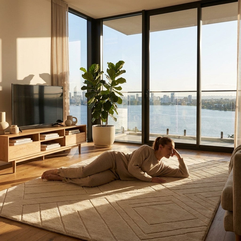 Person lying on a rug in a modern living room with large windows overlooking a cityscape.