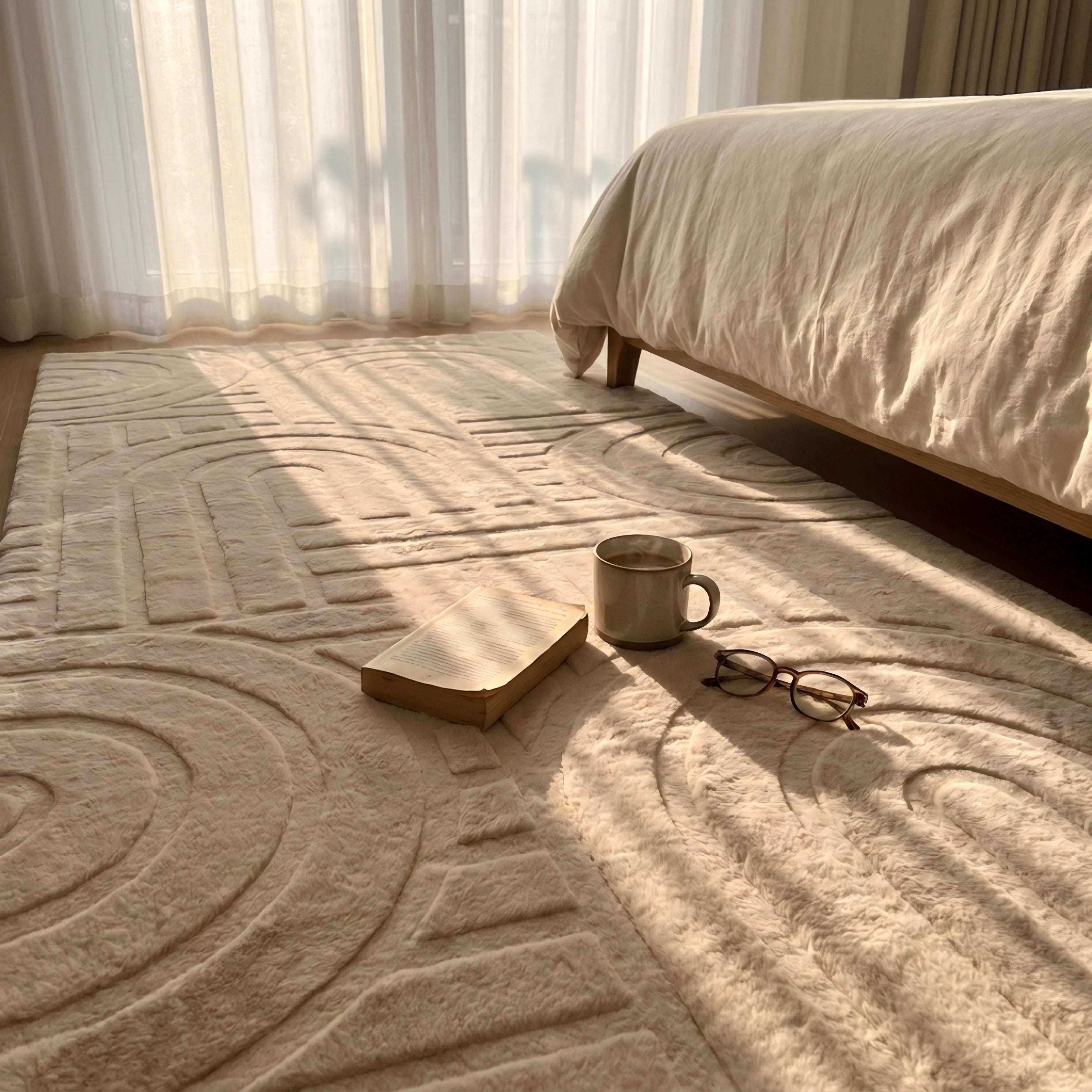 Beige textured rug with a book, mug, and glasses on top, next to a bed with beige bedding.