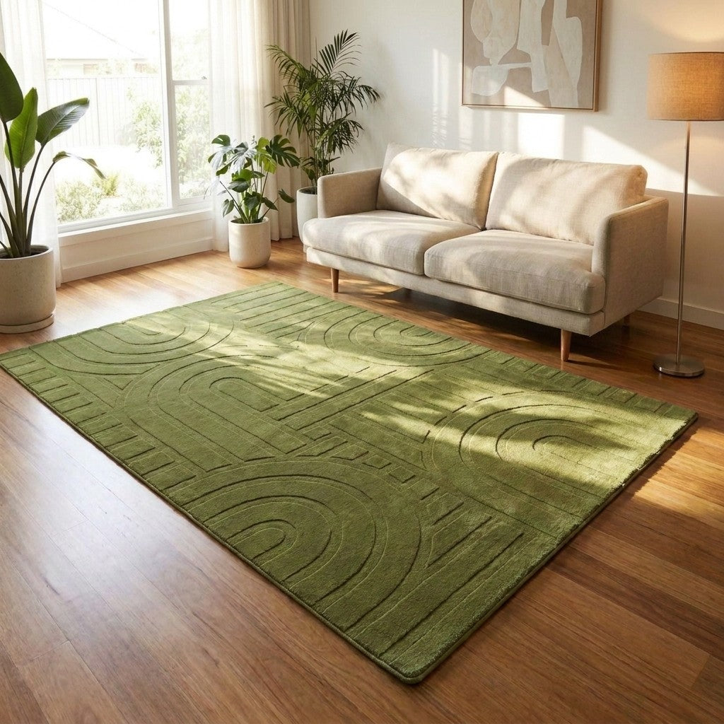 Green rug on a wooden floor in a living room with a couch and plants.