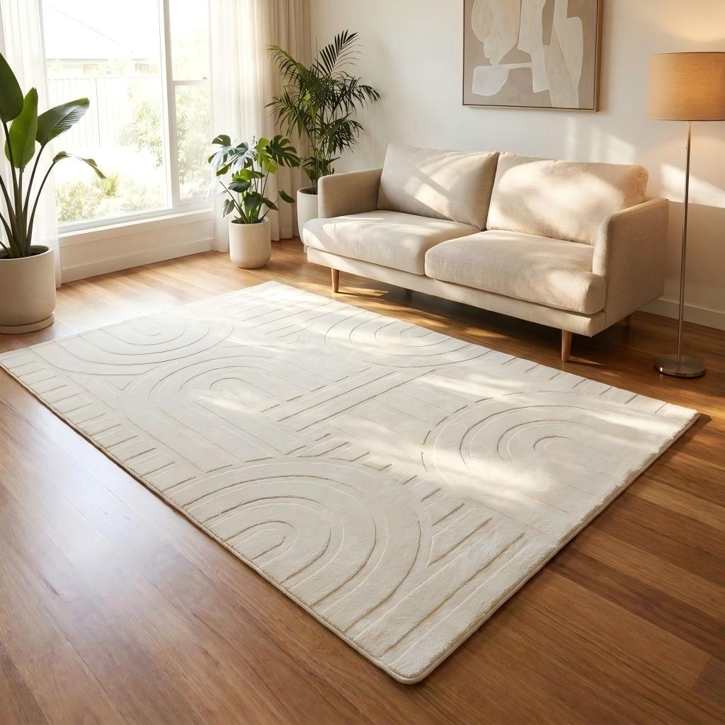 Beige rug with circular patterns on a wooden floor in a living room.