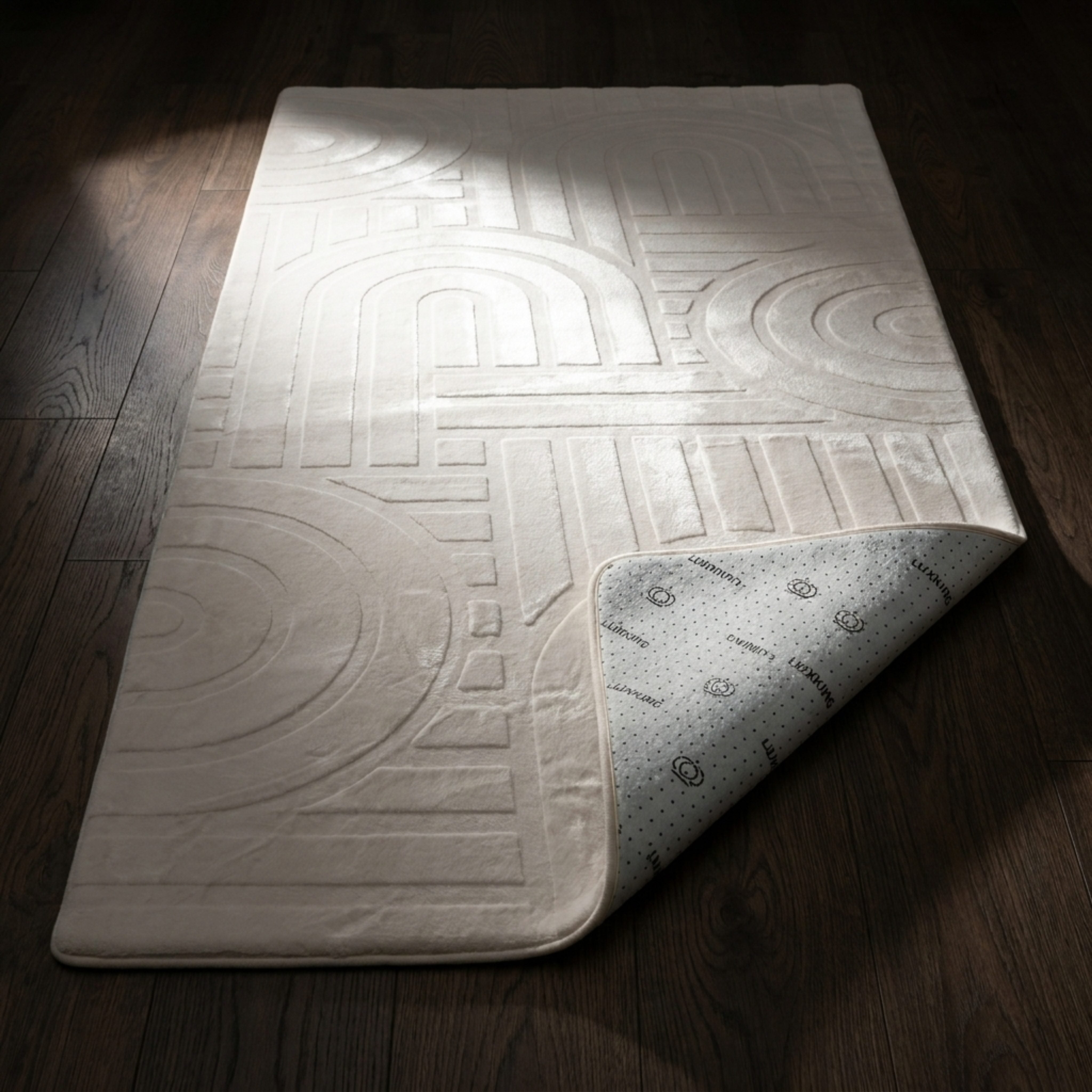 Textured bath mat on a wooden floor