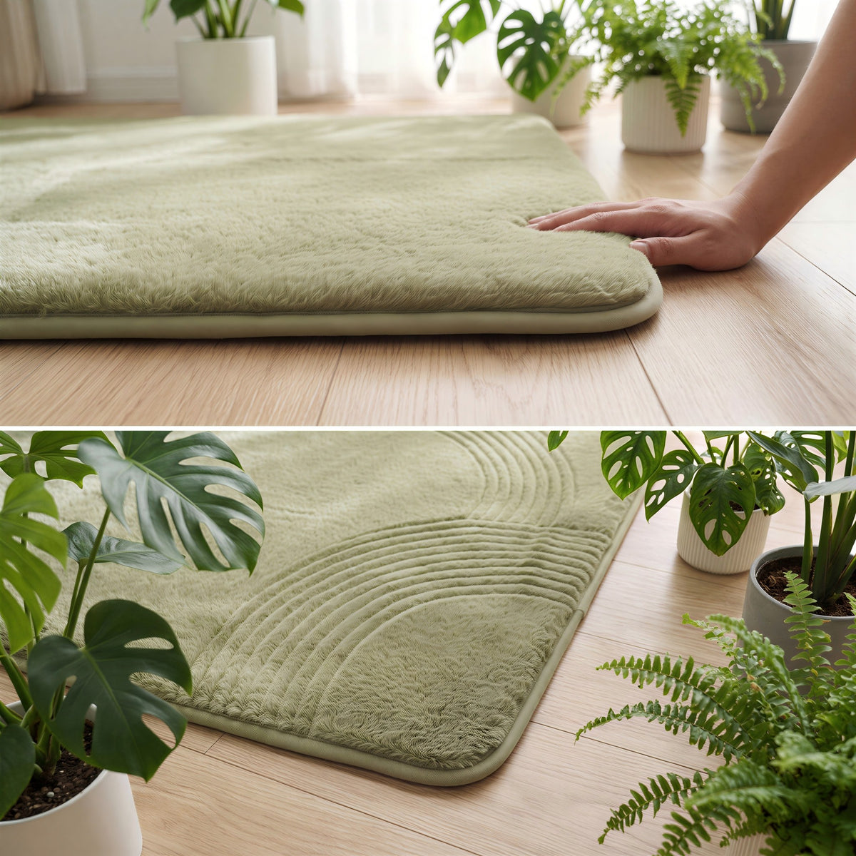 A light sage green bath mat with a textured, ribbed semi-circular pattern, shown in a split view. The top half shows a hand stretching the soft, plush material on a light wood floor with potted plants in the background.