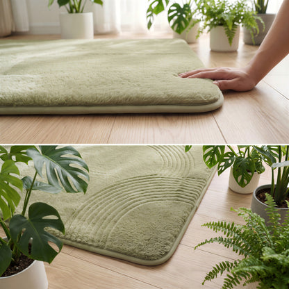 A light sage green bath mat with a textured, ribbed semi-circular pattern, shown in a split view. The top half shows a hand stretching the soft, plush material on a light wood floor with potted plants in the background.