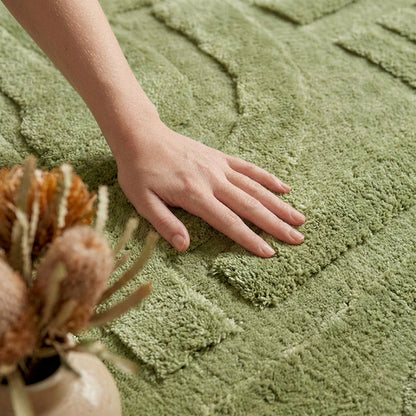 Hand touching a textured green rug with a dried plant in the foreground