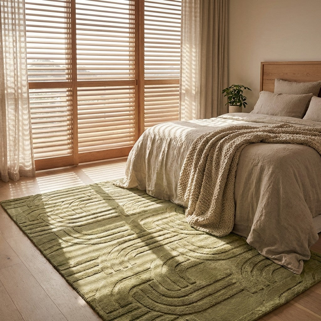 Bedroom with a green rug, bed, and large window with blinds.