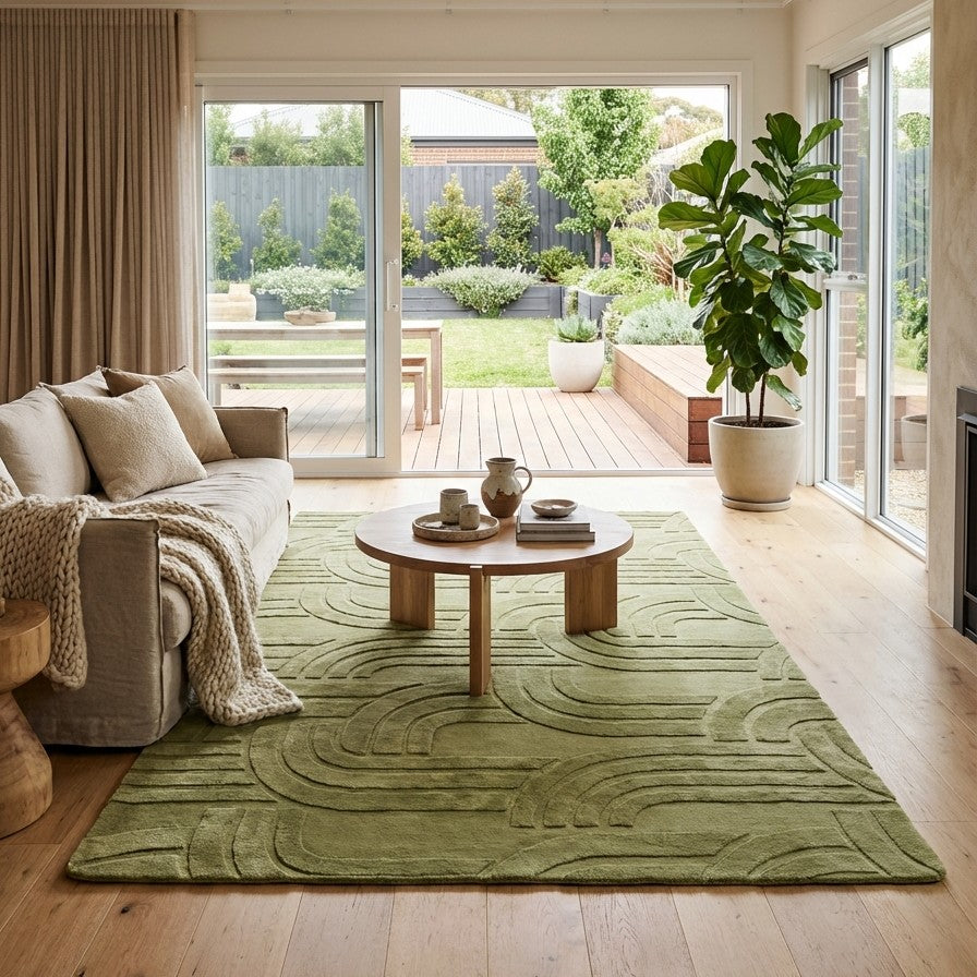 Living room with a green rug, beige sofa, and wooden coffee table.