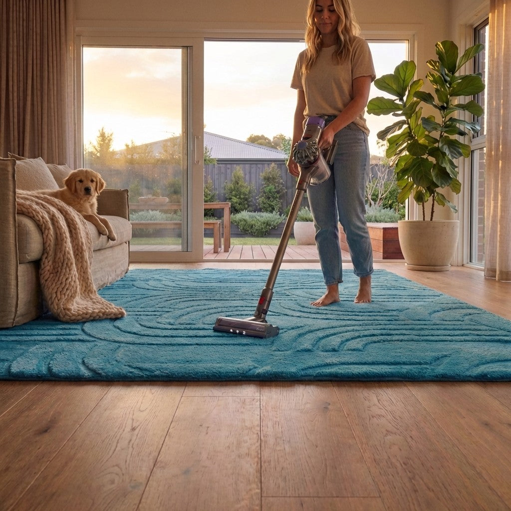 Woman vacuuming a blue rug in a living room with a dog and plant in the background.