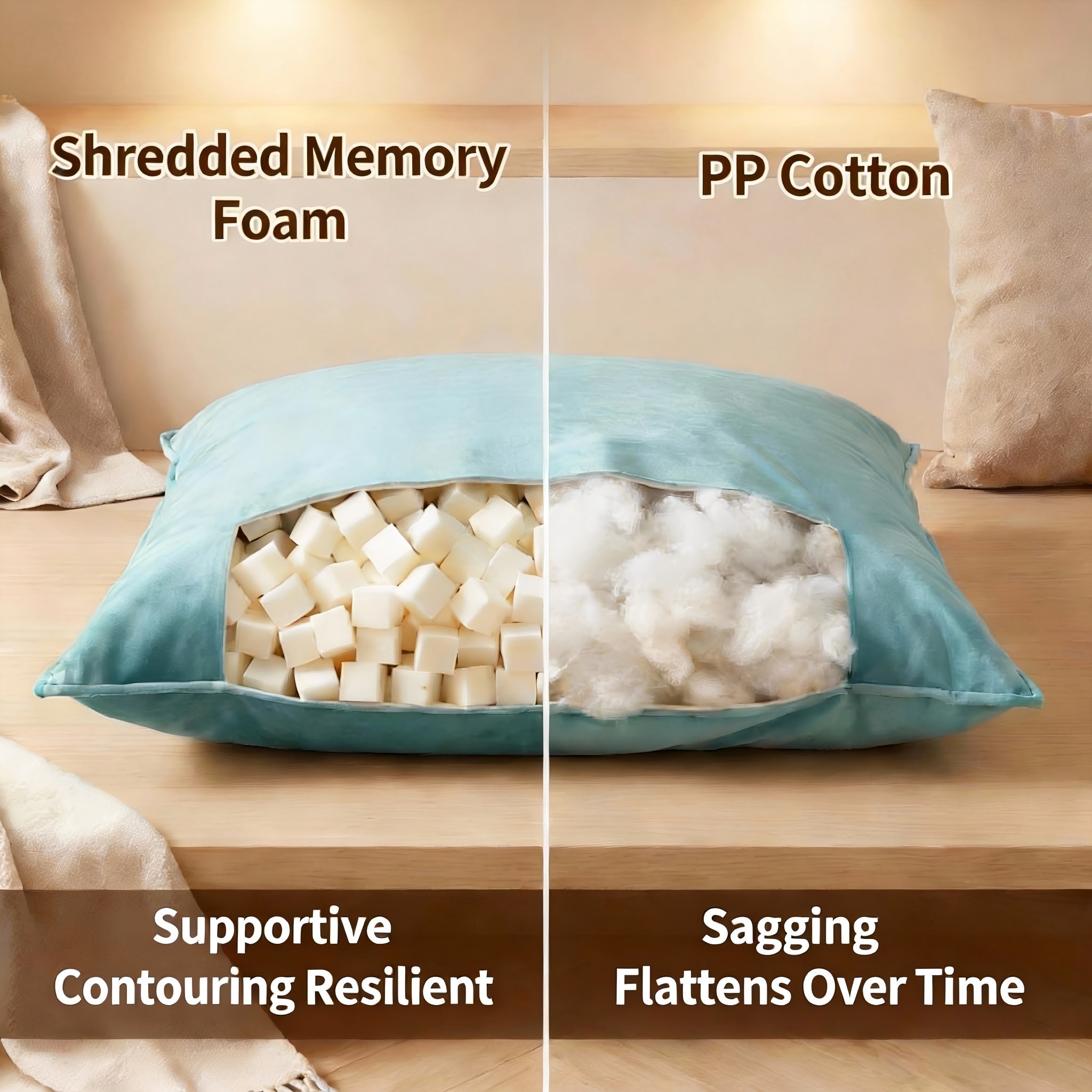 Comparison of shredded memory foam and PP cotton in a blue pillow on a wooden surface.