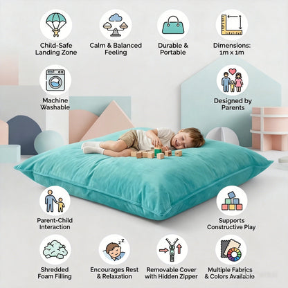 Turquoise foam play mat with child playing on it, surrounded by icons and text highlighting features.