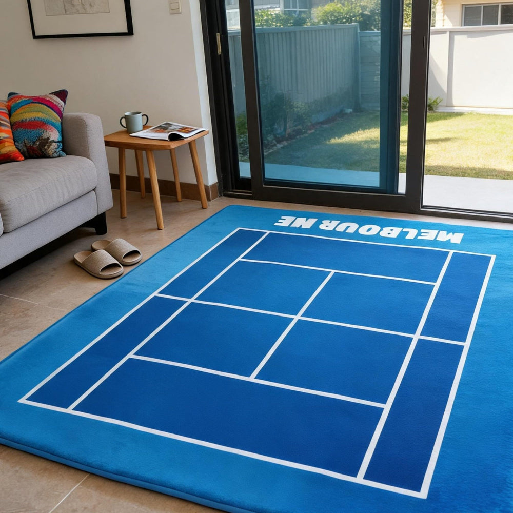 Austrlaian Open Theme Blue tennis court rug with 'Melbourne' text in a living room setting
