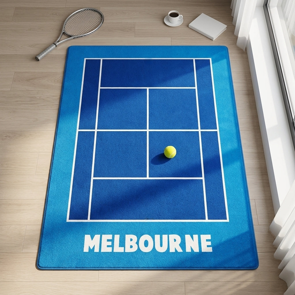 Blue tennis court rug with 'Melbourne' text on a wooden floor.