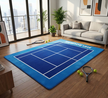 A blue and navy tennis court themed area rug with white lines and 'MELBOURNE' printed in white, styled in a modern living room on a wooden floor with tennis rackets and balls.
