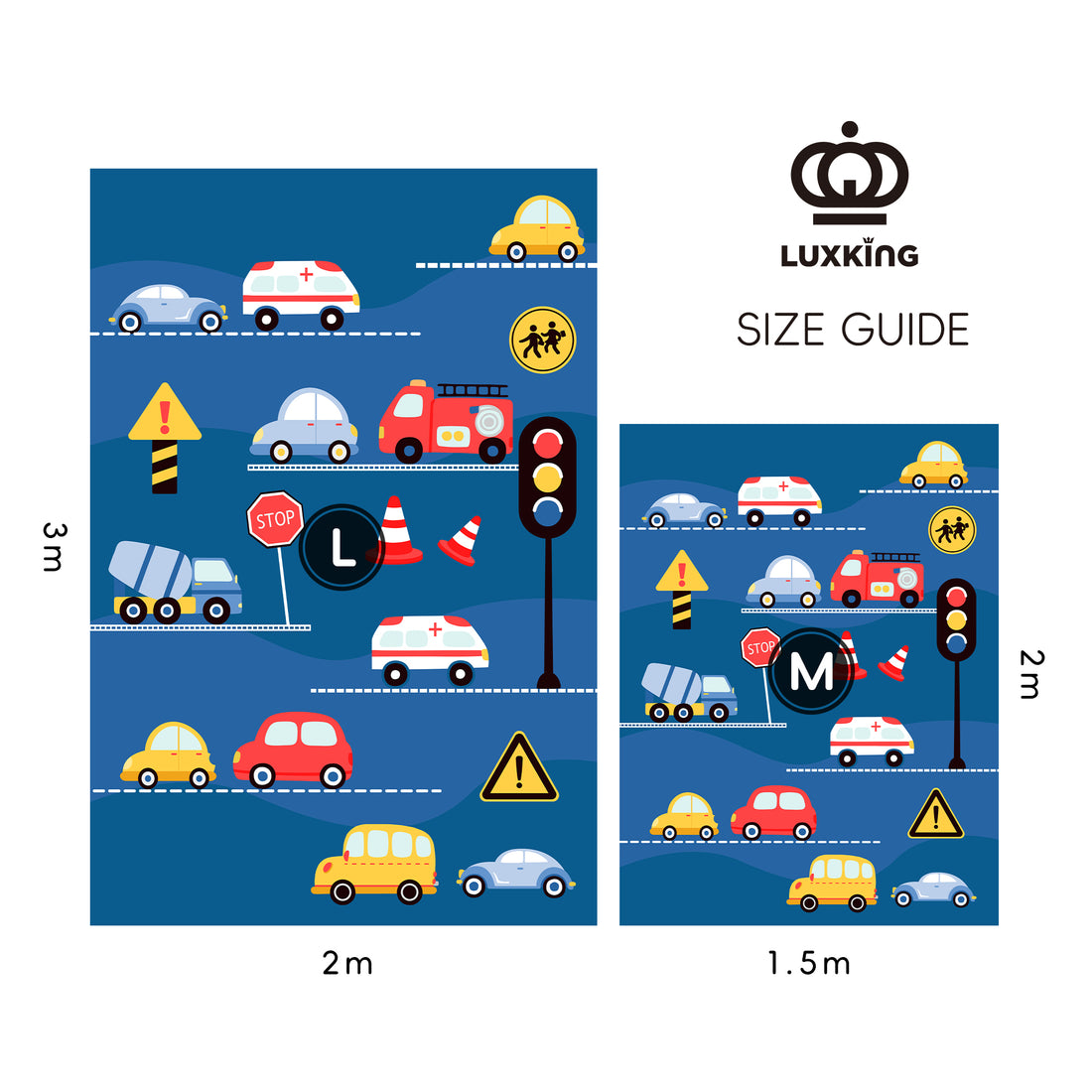 Children's play mat with colorful cars and traffic elements on a blue background, placed in a living room.