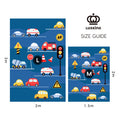 Luxking size guide for children's play mat with vehicles and traffic signs on a blue background.