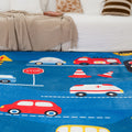 Children's play mat with colorful cars and traffic signs on a blue background