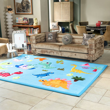 Children's playroom with a colorful rug featuring animals on a light wood floor.