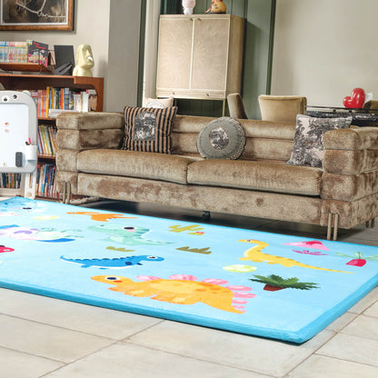 Living room with a brown sofa and a colorful LuxKing dinosaur Cloud Mat on the floor.