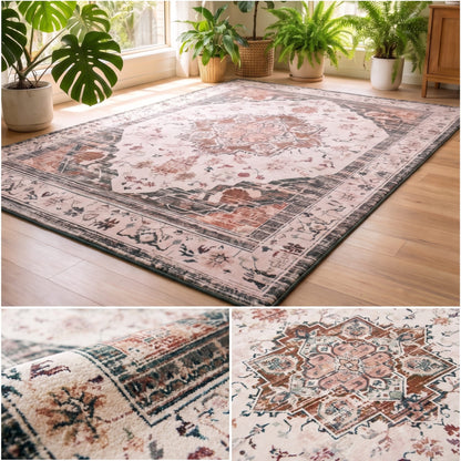 A rectangular area rug with a distressed traditional medallion pattern, shown in a bright room with wooden floors and potted plants. The rug has a cream base with dusty pink, terracotta, and dark gray accents.